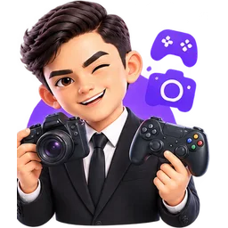 Maskot memegang kamera dan gamepad — simbol hobi