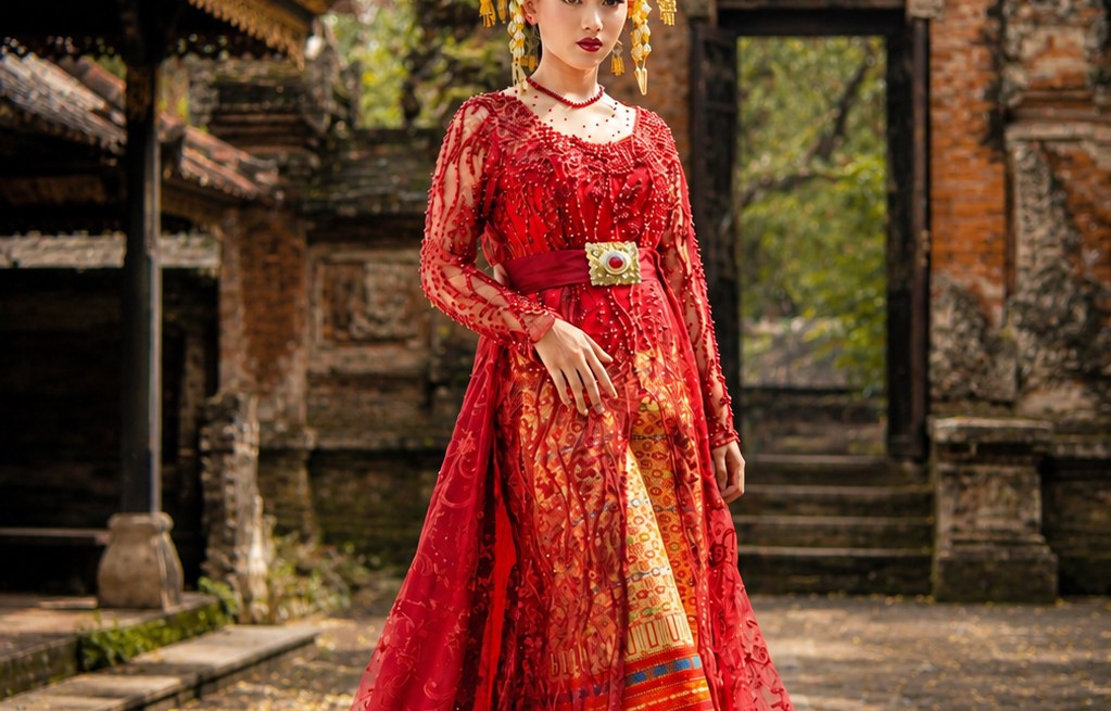 Full body environmental portrait: model berdiri di depan arsitektur tradisional dengan gaun merah panjang dan mahkota emas