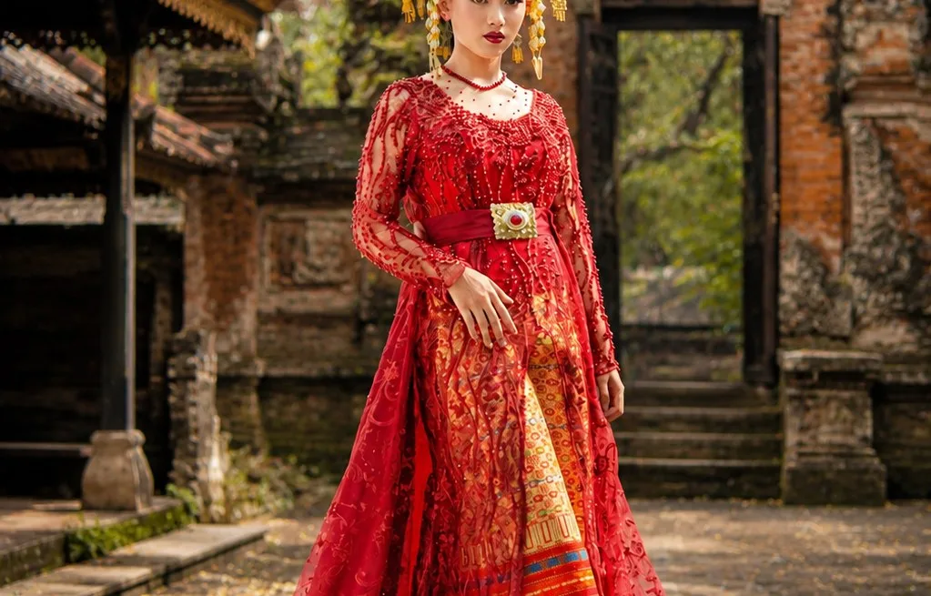 Full body environmental portrait: model berdiri di depan arsitektur tradisional dengan gaun merah panjang dan mahkota emas