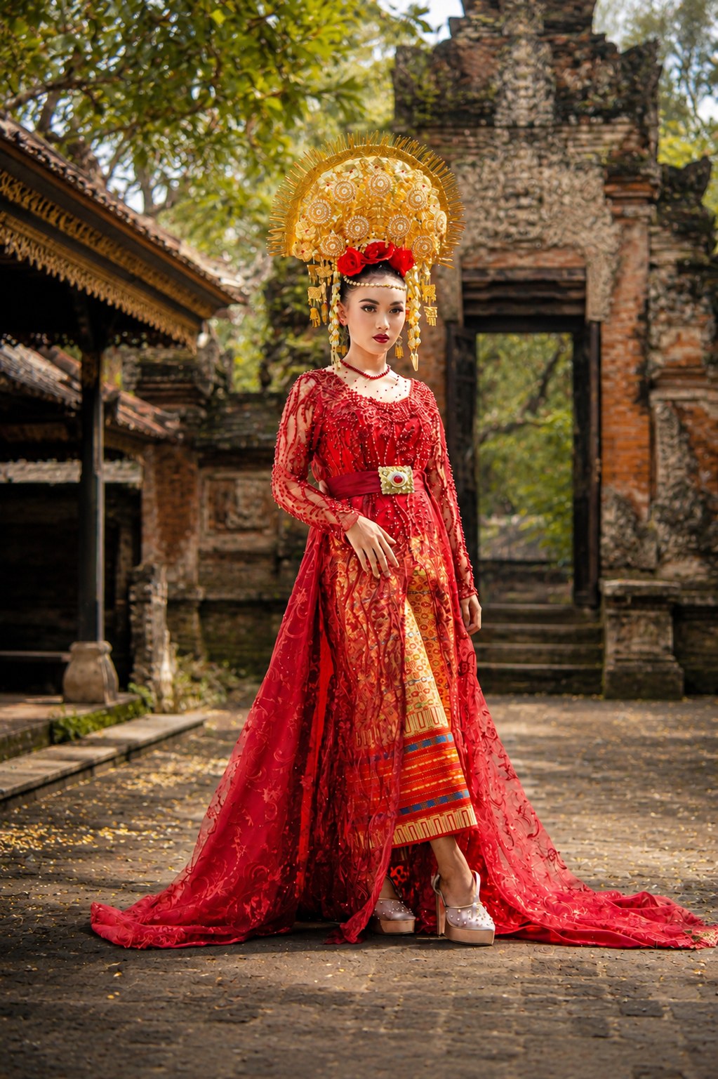Full body portrait dengan komposisi sentral: gaun merah, mahkota emas, dan jalan setapak batu sebagai leading line